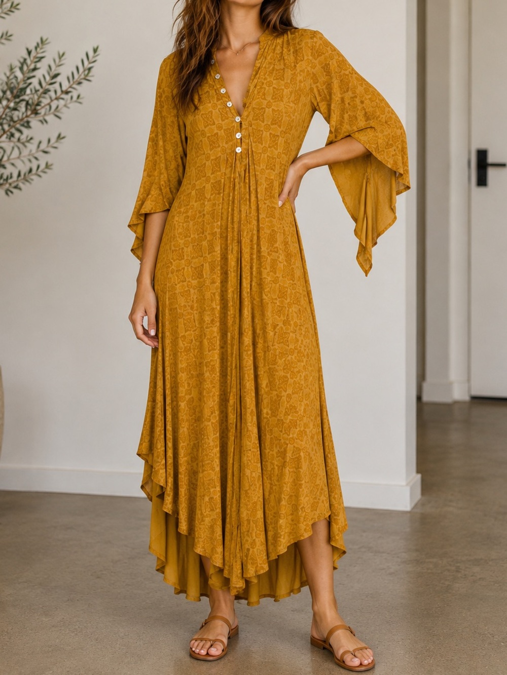 Jen's Pirate Booty Mustard Button-Down Maxi with Flutter Sleeves
